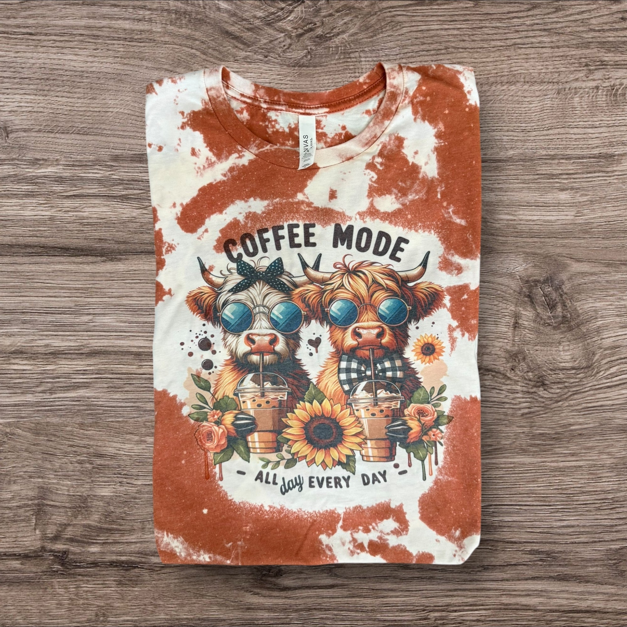 Coffee Mode Cow Bleached T Shirt
