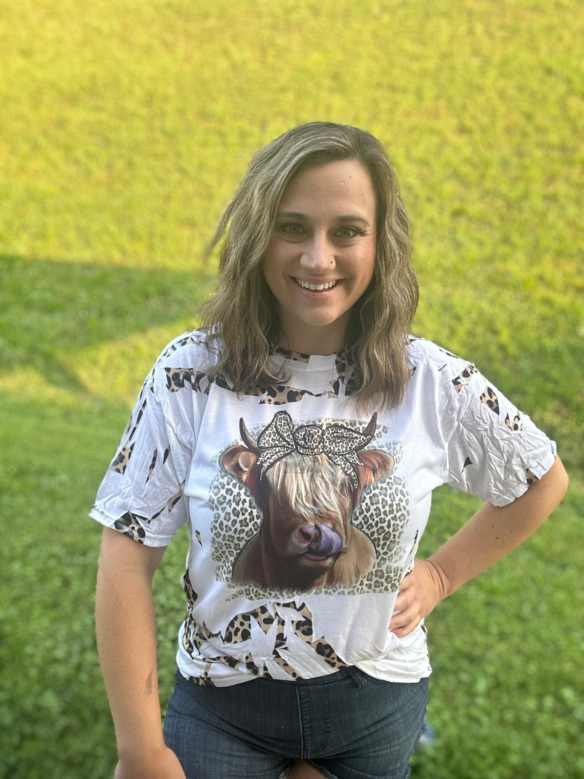 Highland Cow Leopard Print Shatter Tee