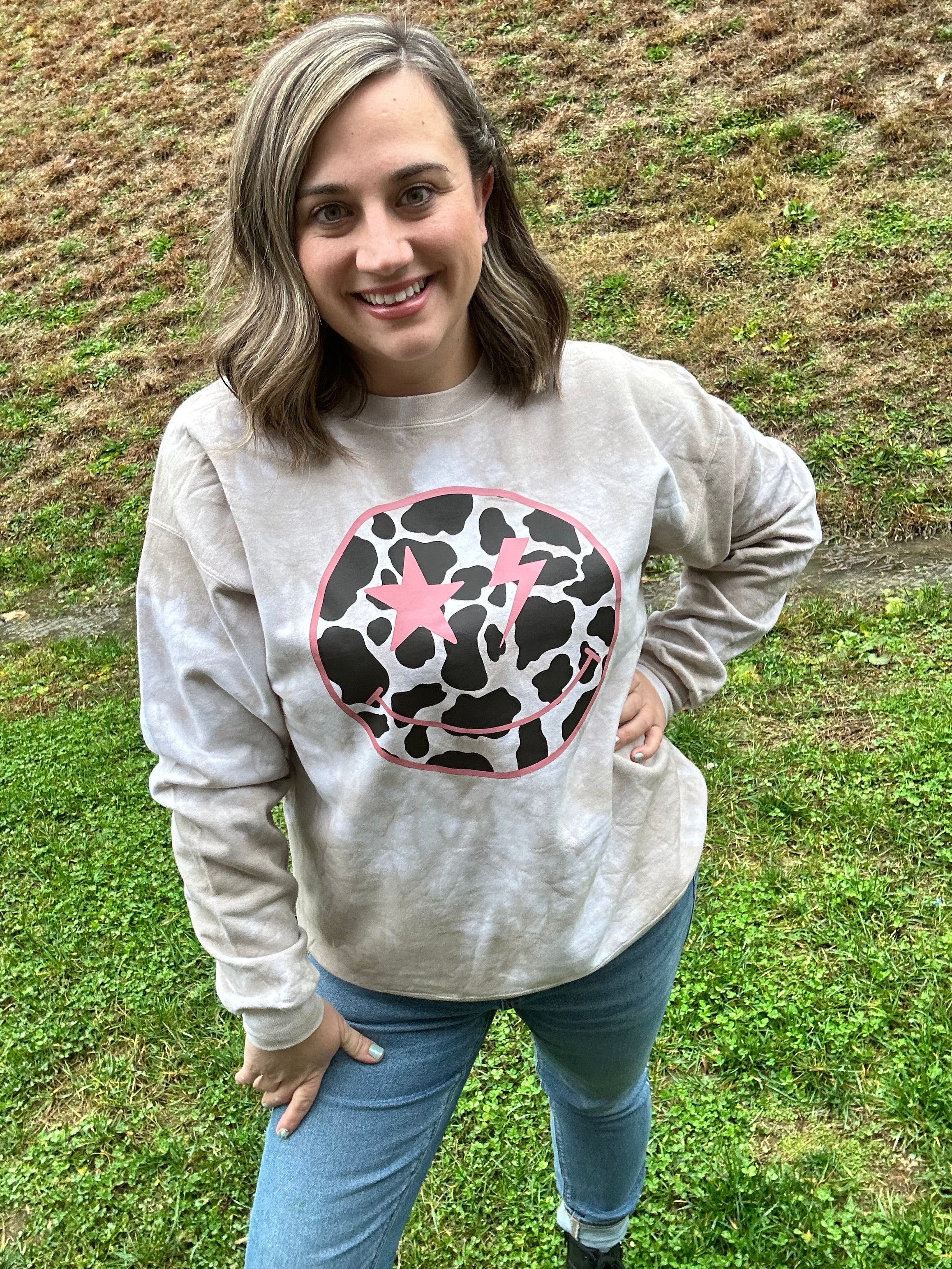 CowPrint Smiley Tie Dye Sweatshirt
