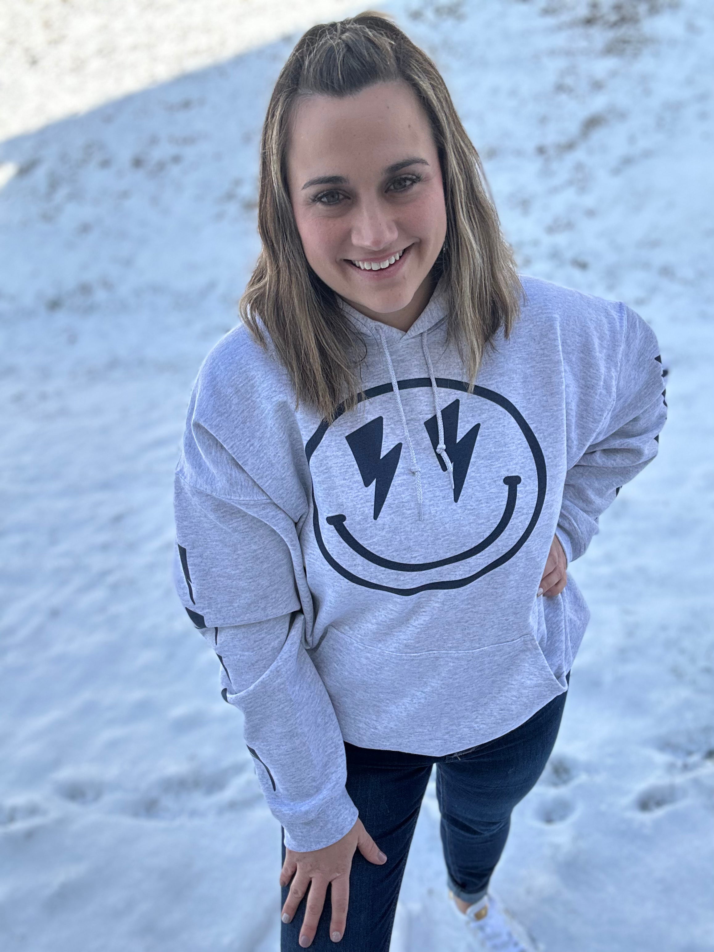 Lightning Bolt Smiley Hooded Sweatshirt With Accent Sleeves
